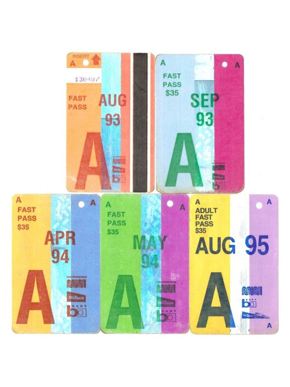 5 Vtg San Francisco SF MUNI Fast Passes Adult 93 94 95 Bus Train Ephemera Shiny